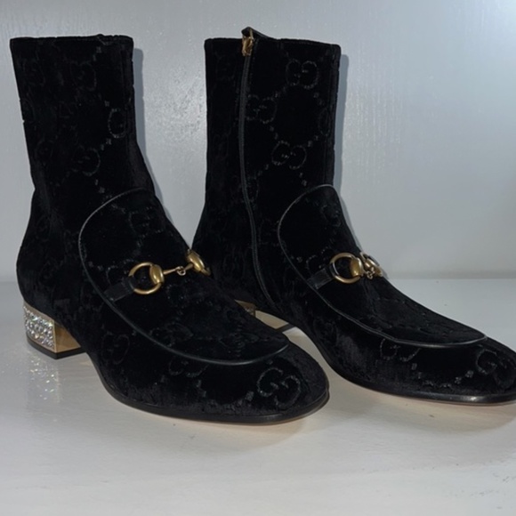 Authentic  Gucci Horsebit GG Velvet Crystal Ankle Boot - Picture 10 of 15
